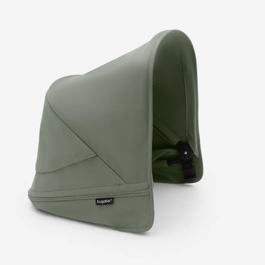 Bugaboo Donkey5 Sun Canopy in sage green fabric, shown attached to a stroller frame with a visible zipper pocket.