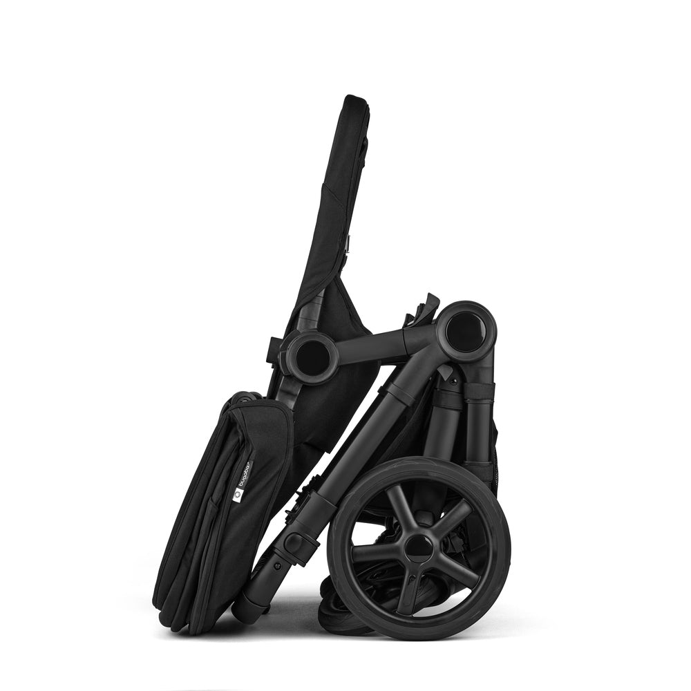 Bugaboo Donkey 6 Mono Stroller Complete in Black, folded side view.