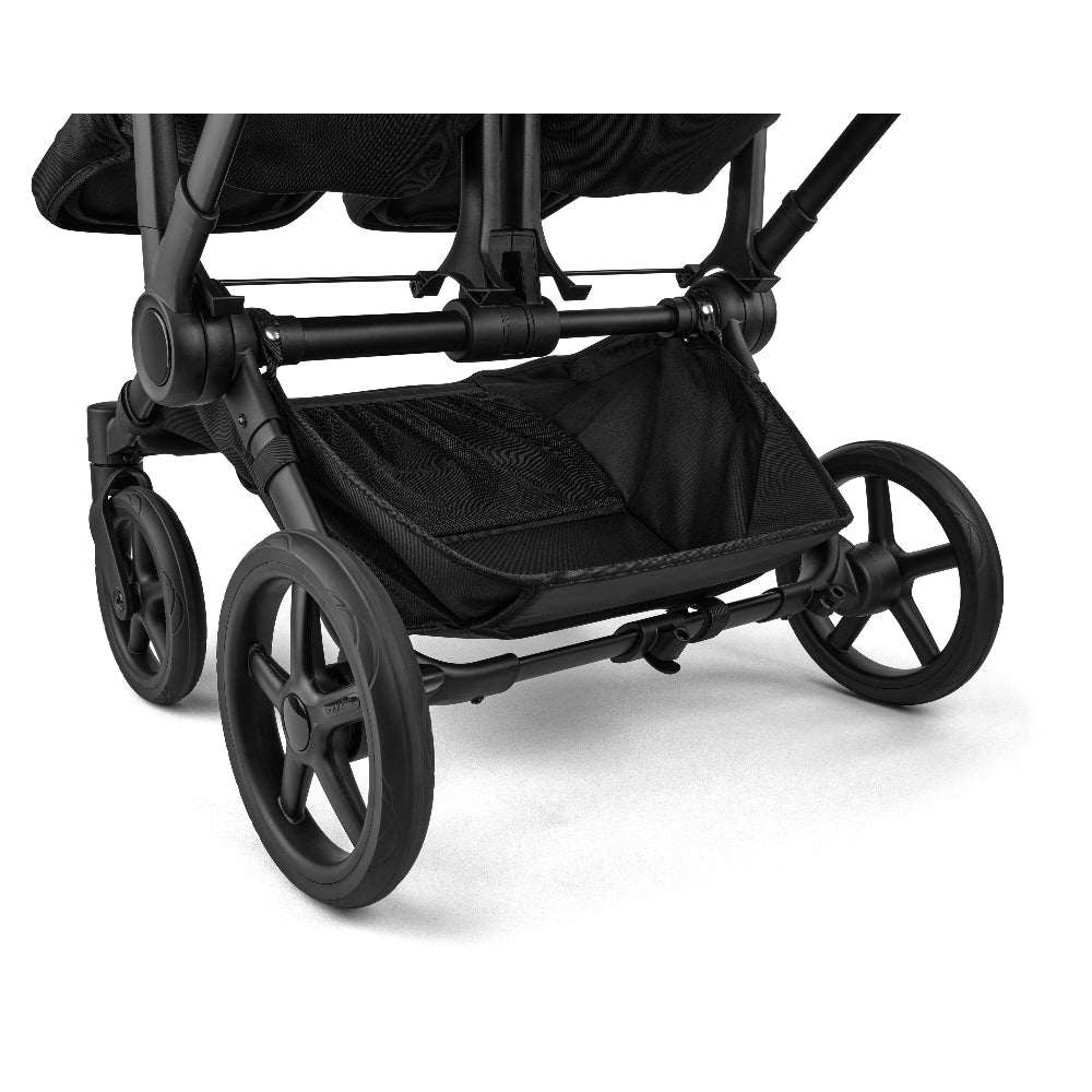 Bugaboo Donkey 6 Mono Stroller in Black with under-seat storage basket and visible front wheels.