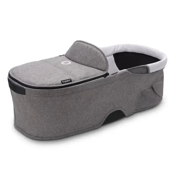 Bugaboo Dragonfly Pram Body Complete in grey fabric with white interior padding, shown assembled as the full carrycot.