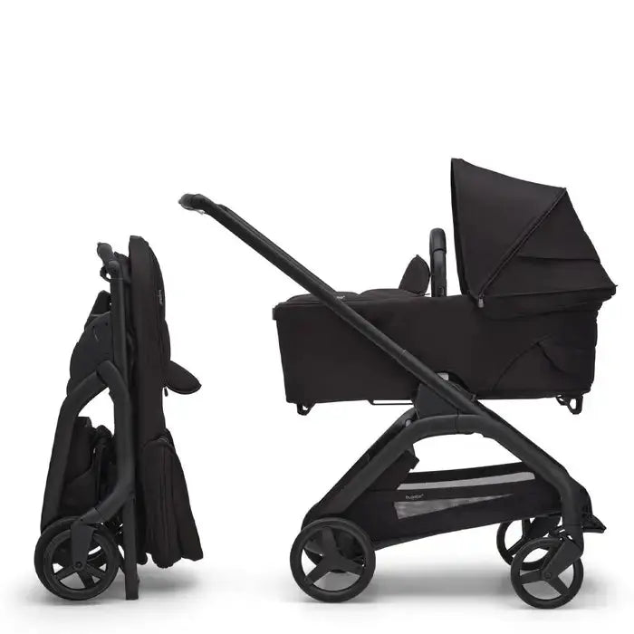 Bugaboo Dragonfly Pram Body Complete in black with bassinet mounted on a lightweight stroller frame.