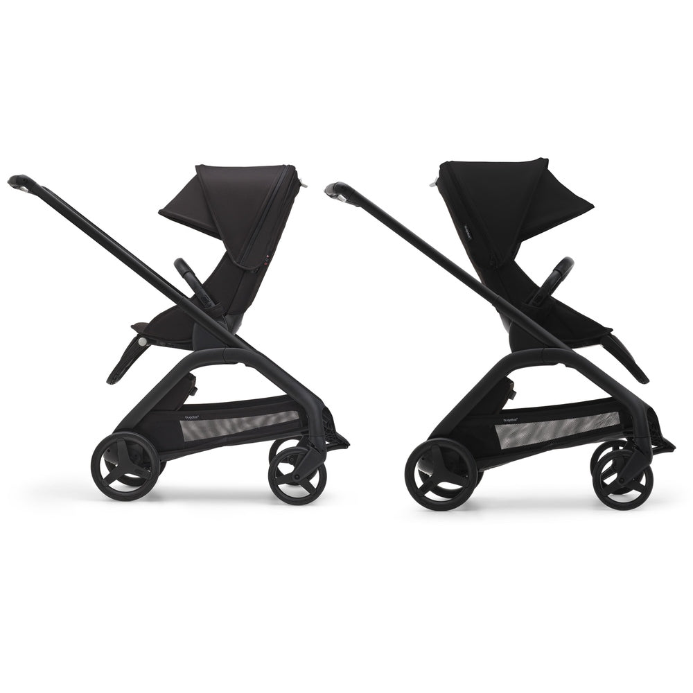 Bugaboo Dragonfly Stroller Complete in black, two strollers side by side with extended canopies.