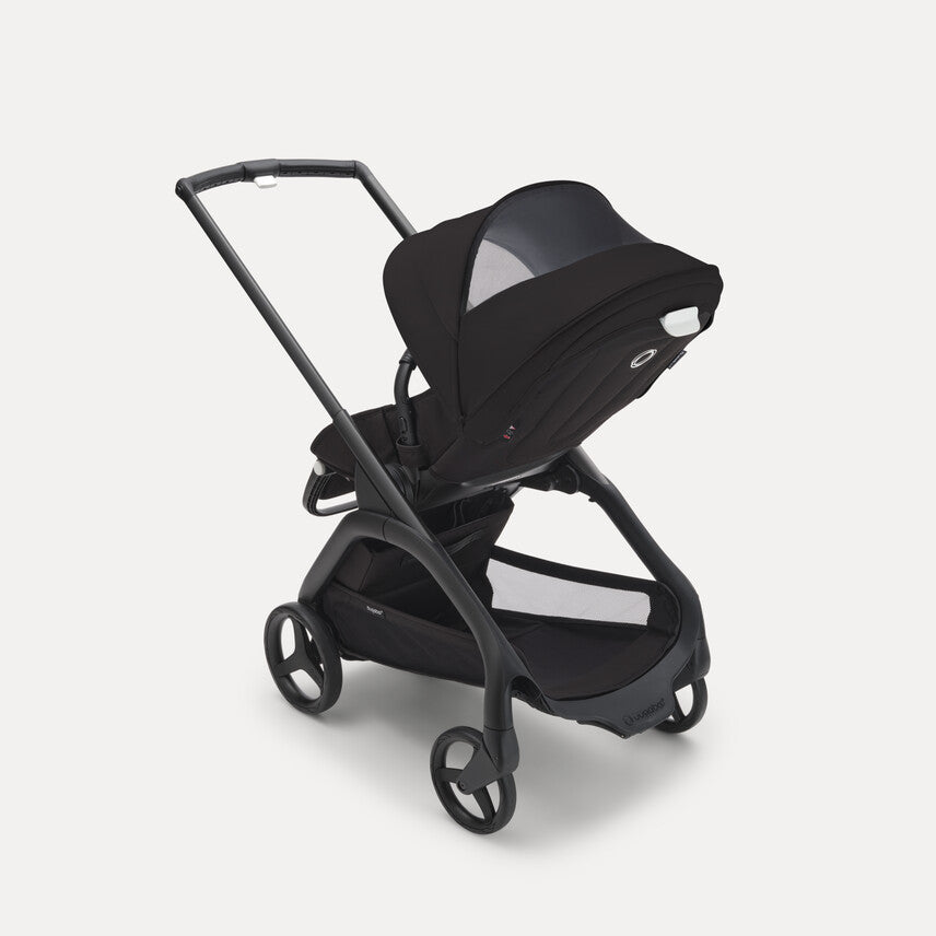 Bugaboo Dragonfly Stroller Complete in black with large wheels and extended canopy ready to push.