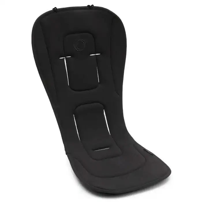 Bugaboo Dual Comfort Seat Liner for strollers; black fabric with padded head and leg cushions, shown installed.