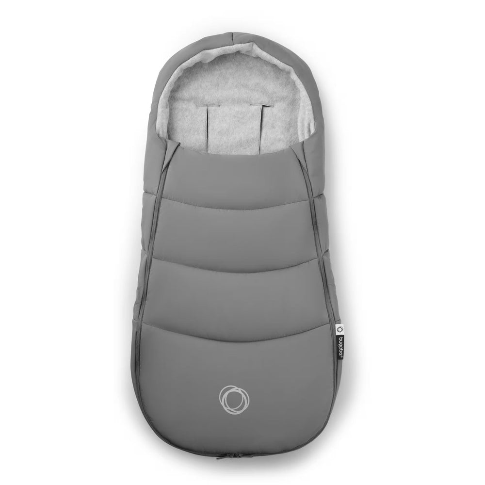 Bugaboo Footmuff in grey outer fabric with light grey plush fleece lining.