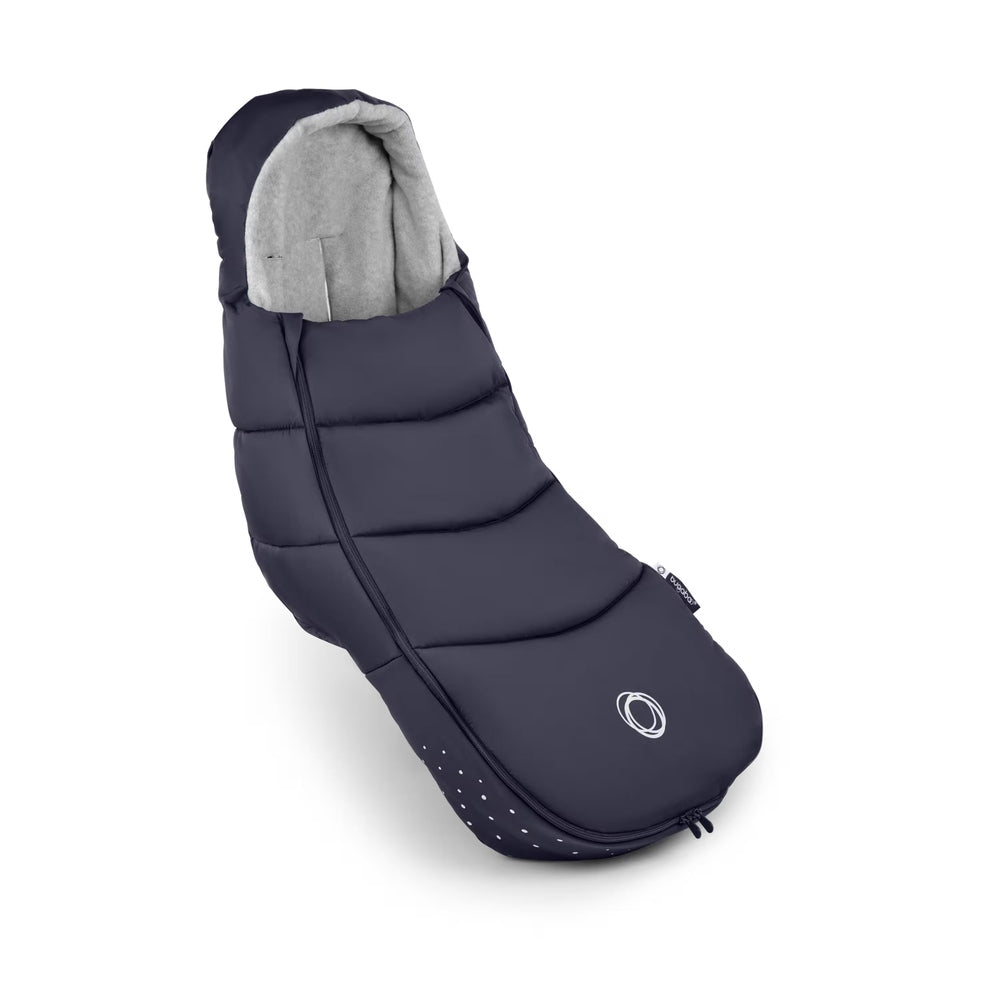 Bugaboo Footmuff in Navy with light gray fleece lining and side zip