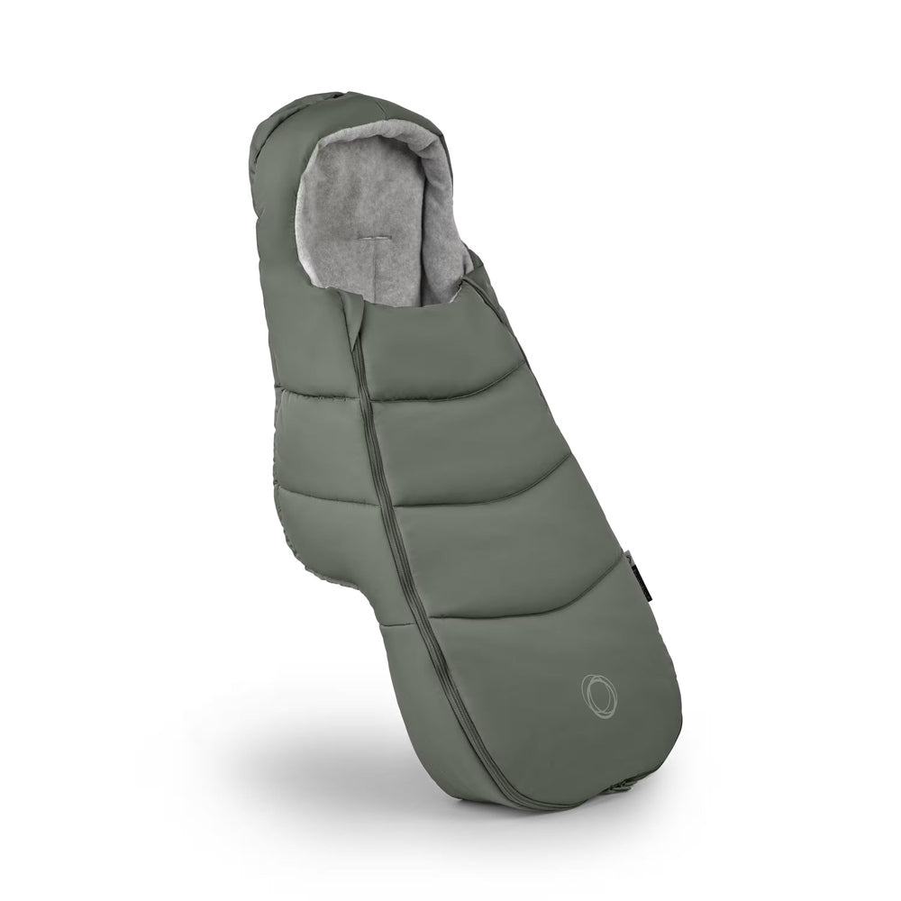 Bugaboo Footmuff Stroller Accessory in Olive Green with gray fleece lining and zippered front.