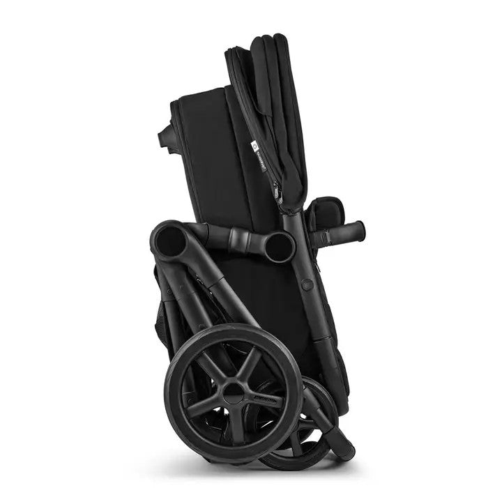 Bugaboo Fox 5 Renew Complete Stroller in black, folded with wheels visible for easy transport.