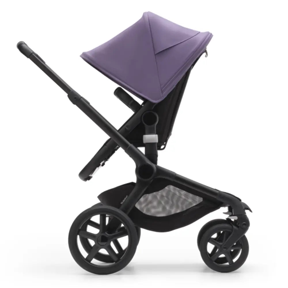 Bugaboo Fox 5 Sun Canopy stroller with a purple canopy extended over a black frame and large wheels.