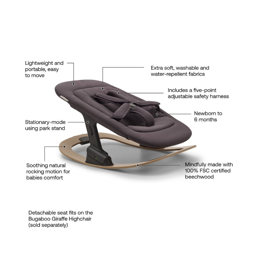 Bugaboo Giraffe baby rocker angled side view with wooden rocking base