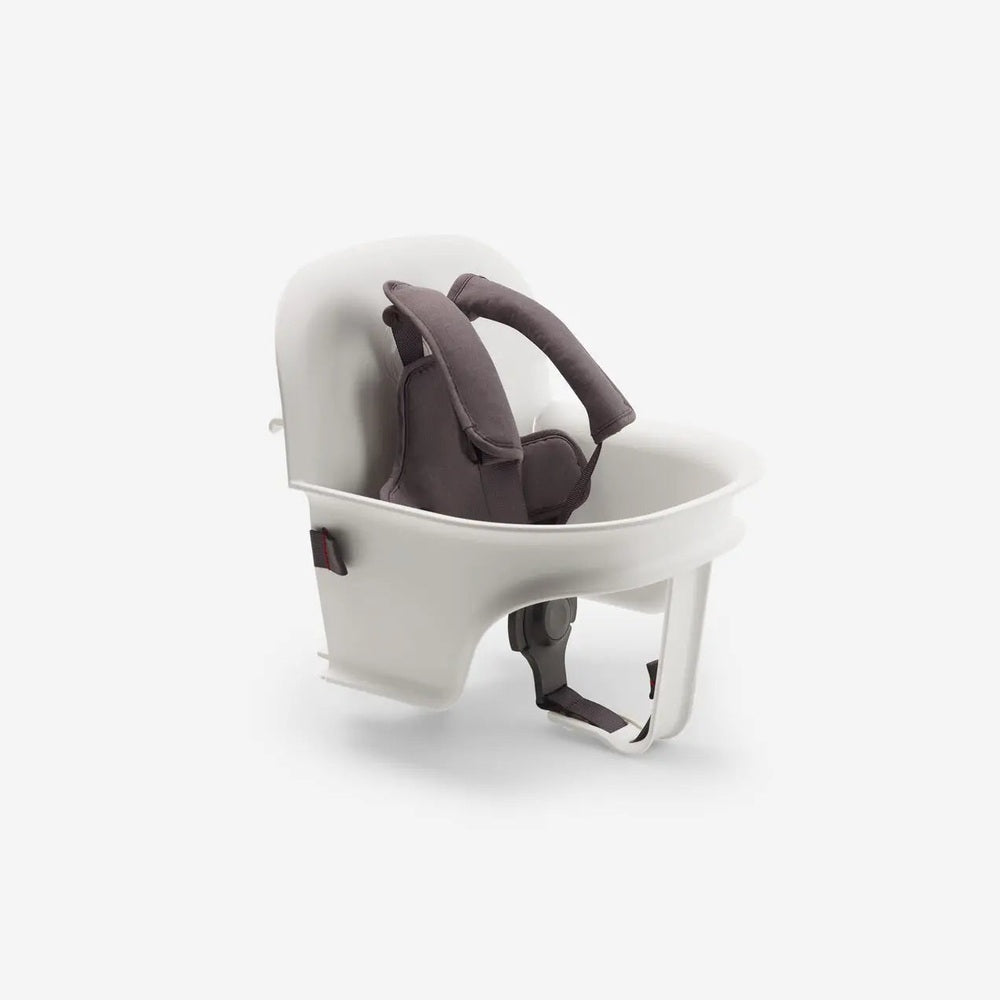 Bugaboo Giraffe Complete High Chair Set in white frame with gray padded seat, showing adjustable harness