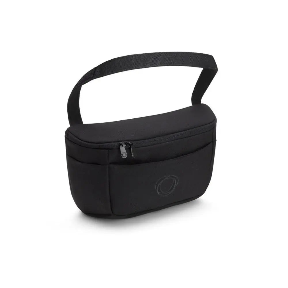 Bugaboo Organizer in black nylon with zippered pocket and carry strap, attached to a stroller.