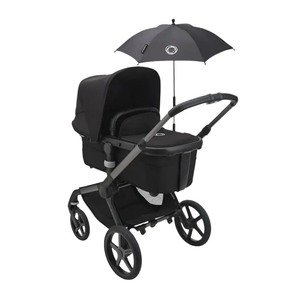 BUGABOO Bugaboo Parasol+ black stroller parasol with aluminum shaft shown extended for sun coverage beside the frame mount img 2/11