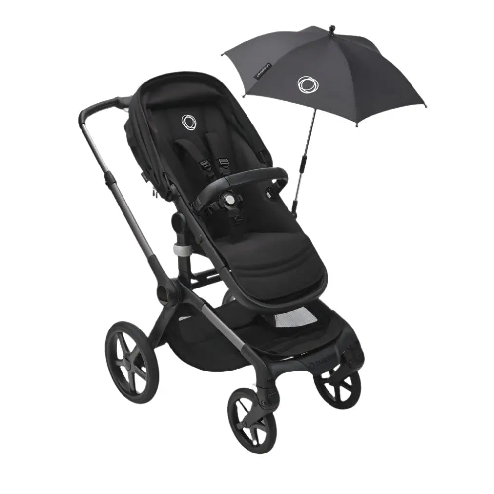 BUGABOO Bugaboo Parasol+ black stroller parasol with aluminum shaft shown extended for sun coverage beside the frame mount img 3/11
