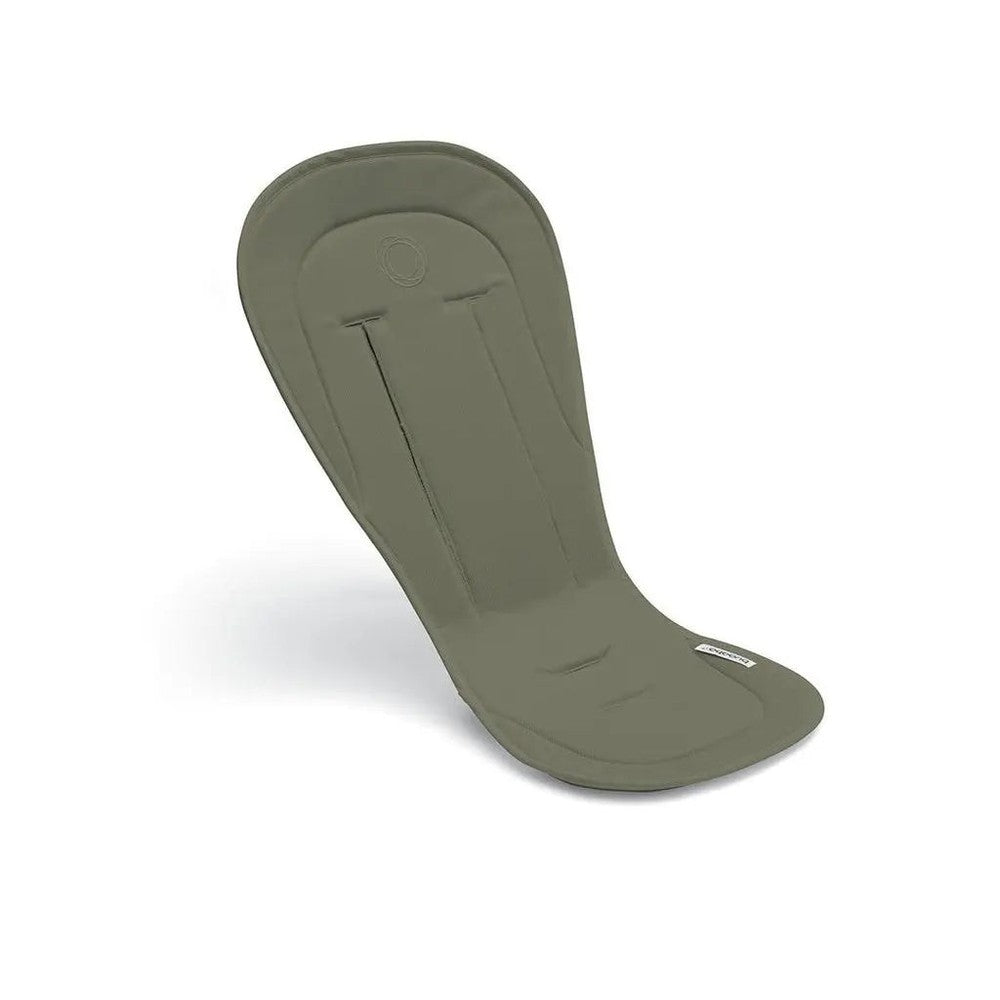 Bugaboo Seat Liner in olive green cushioned stroller insert, shown curved to fit a baby seat.