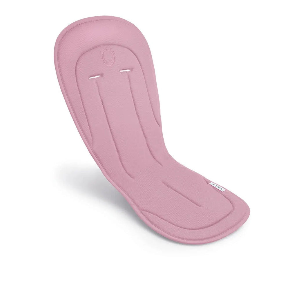 Bugaboo Seat Liner in pink fabric, padded stroller accessory shown draped over a baby stroller seat.