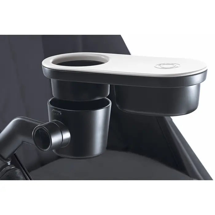 BUGABOO Snack Tray mounted to a stroller with a white top and built-in cup holder.