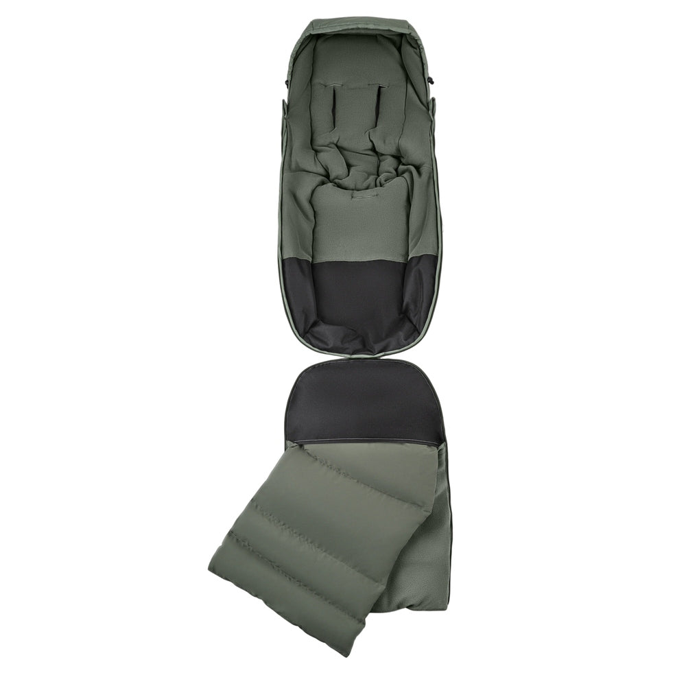 BUGABOO THERMOLITE Performance Footmuff in olive green, unzipped to reveal its padded inner lining for a stroller.