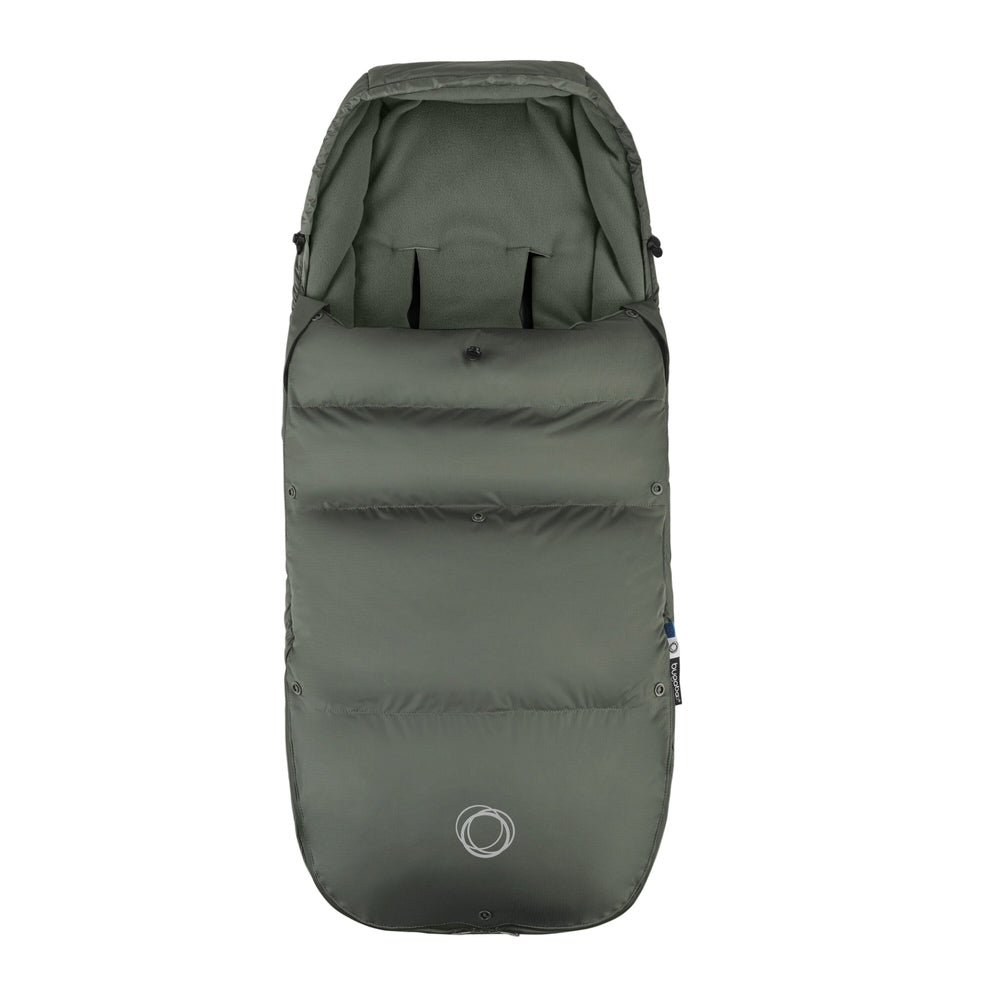 Bugaboo THERMOLITE Performance Footmuff in olive green, opens to show harness slots and warm lining.