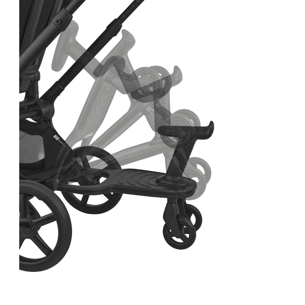 Bugaboo Wheeled Board in black attached to a stroller, showing the standing platform and wheels for smooth family outings.