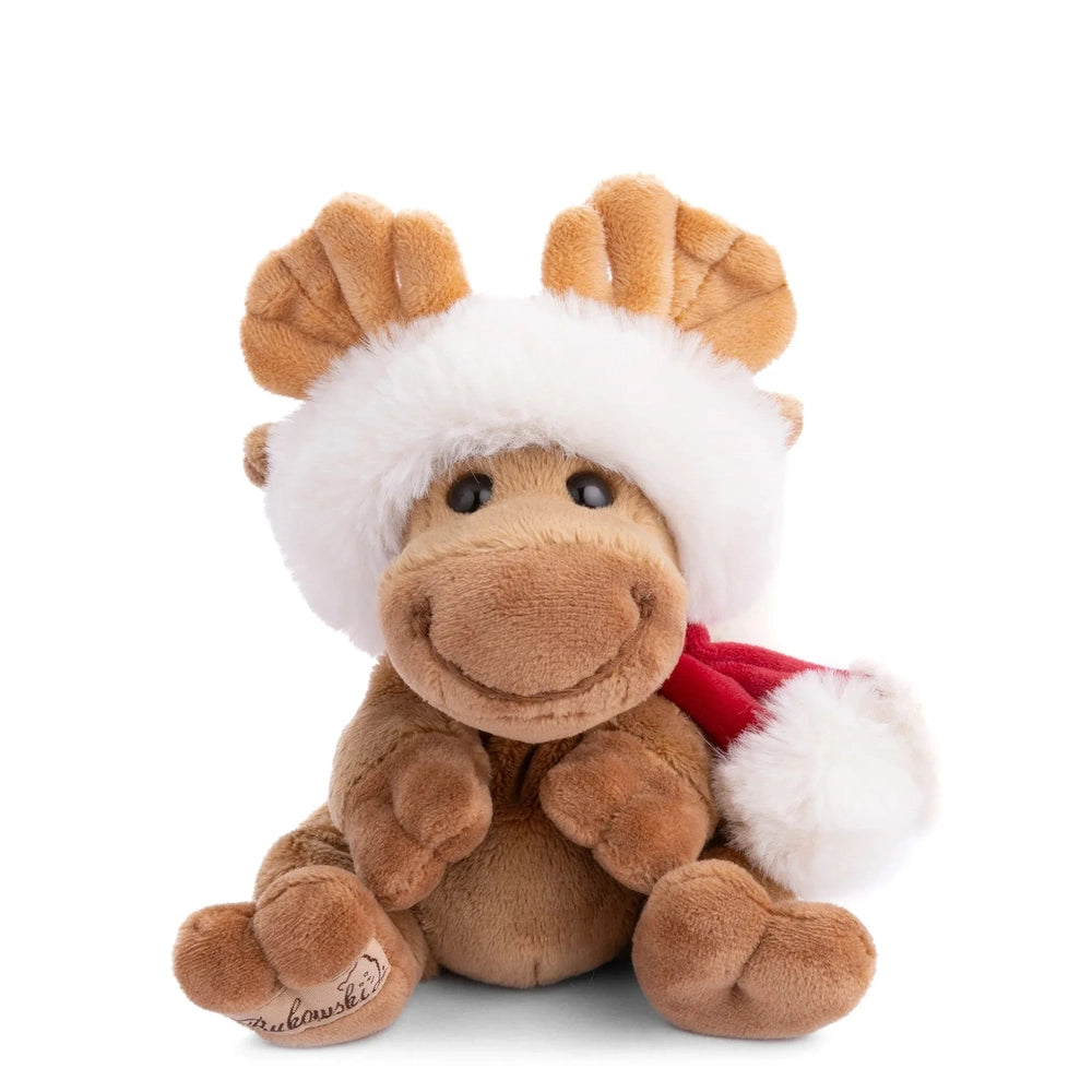 Bukowski Bears Baby Benny X-Mas stuffed moose wearing a fluffy white Santa hat and red scarf.