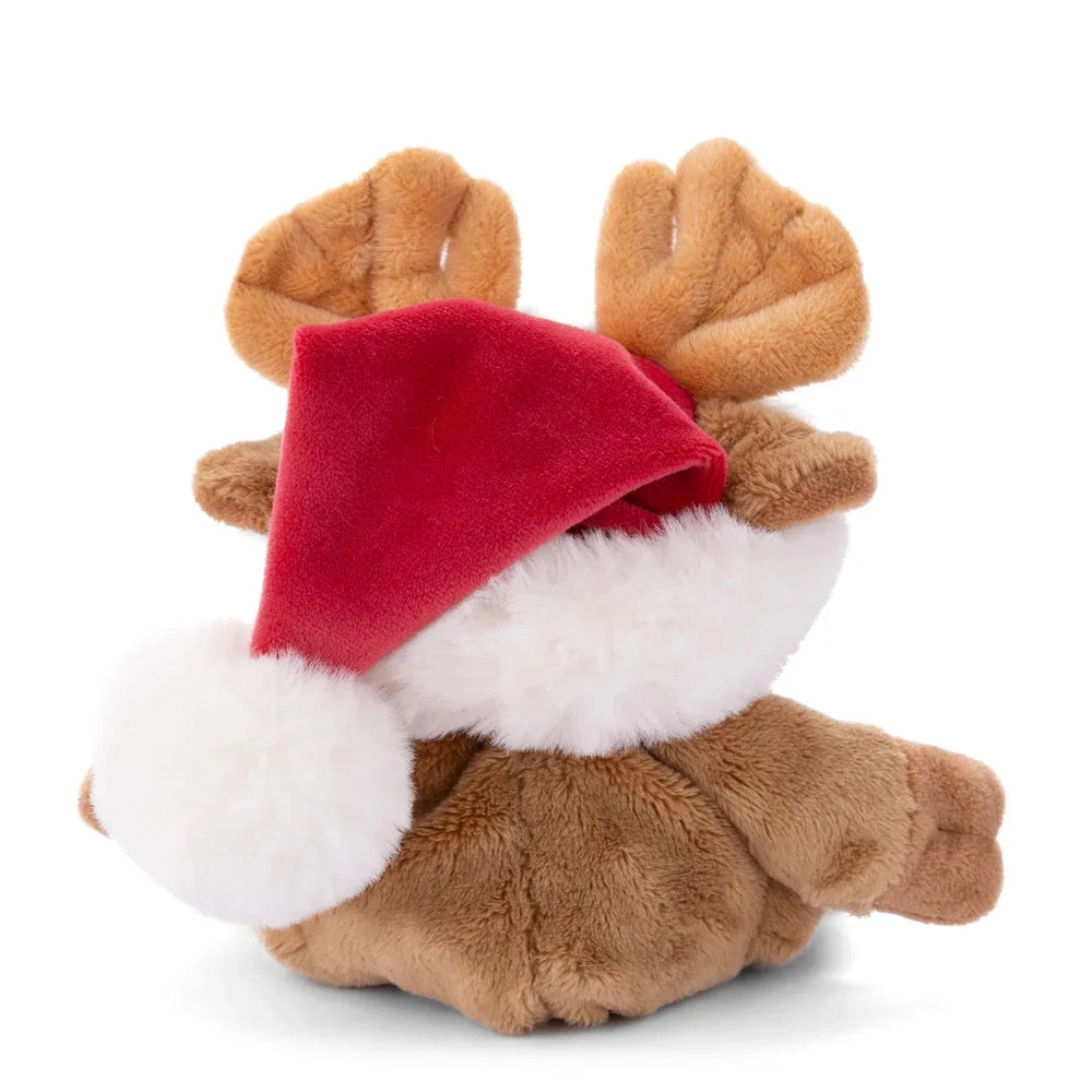 Bukowski Bears Baby Benny X-Mas stuffed reindeer wearing a red Santa hat with white fur.