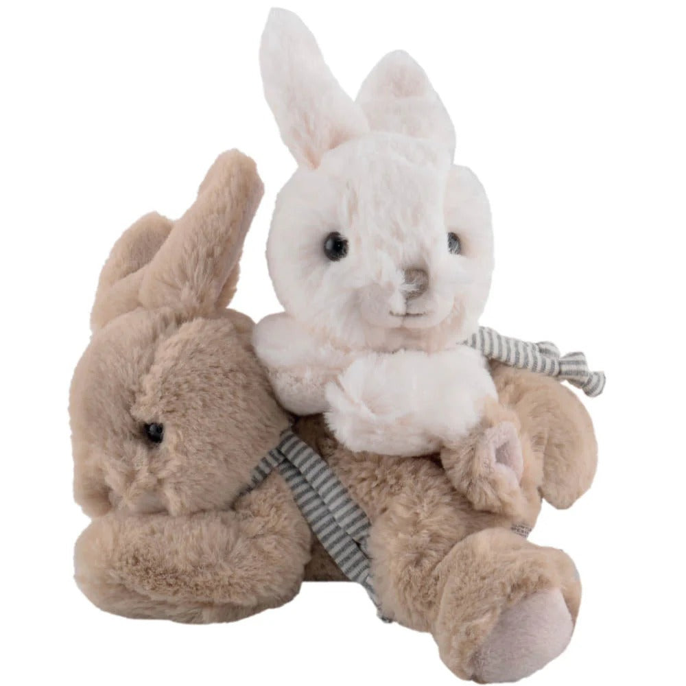 Bukowski Bears Buster Bunny plush set: beige adult bunny carrying a white baby bunny with striped ribbon.