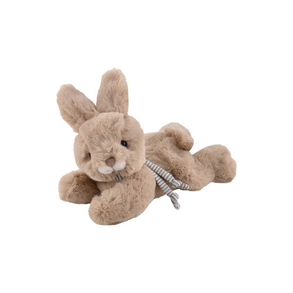 Bukowski Bears Buster Bunny stuffed animal in warm tan plush, lying cuddled with a striped gray ribbon.