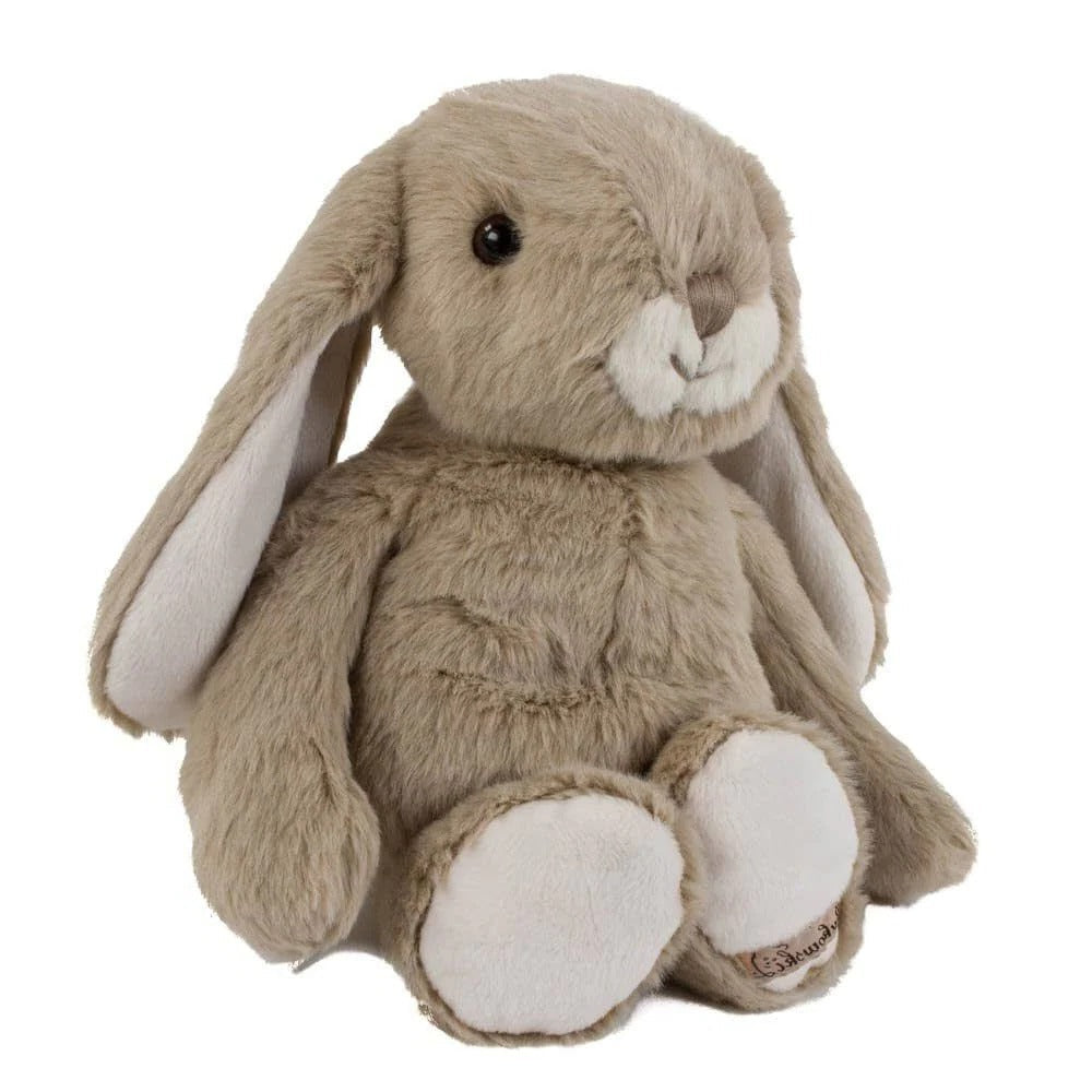 Bukowski Bears Friendly Kanini Taupe stuffed bunny sits upright, showing soft taupe fur and white paws.