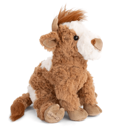 Bukowski Bears Madison the Highland Cow stuffed animal, brown and white plush with tan hooves, sitting cuddly and cute.