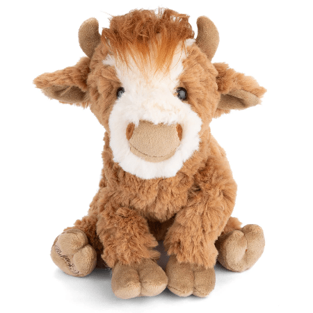 Bukowski Bears Madison the Highland Cow plush, soft brown fur, white face, seated with stitched hooves.