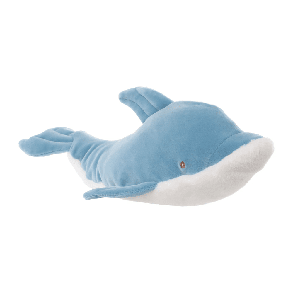 Bukowski Bears Sweet Flippy the Dolphin stuffed animal, blue plush with white belly, lying on its side for cuddling.
