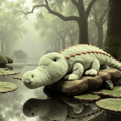 Bukowski Bears The Great Maximus stuffed alligator, pale green plush with orange spine, lounging on a log above a misty pond.