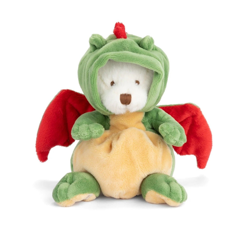 Bukowski Bears Ziggy Dragon stuffed animal, a green dragon with red wings sits upright with a soft beige belly.