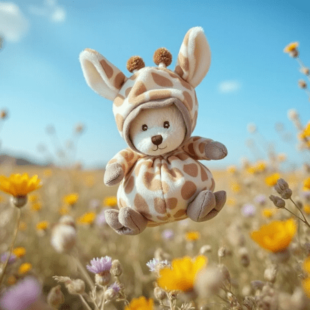 Bukowski Bears Ziggy Giraffe plush toy in a sunny field of wildflowers, tan-and-cream giraffe pattern.