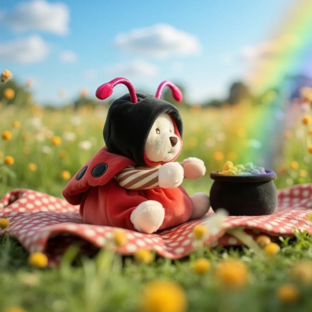 Bukowski Bears Ziggy Ladybug stuffed animal in red outfit with black hood sits on a picnic blanket, reaching for colorful candy pot.