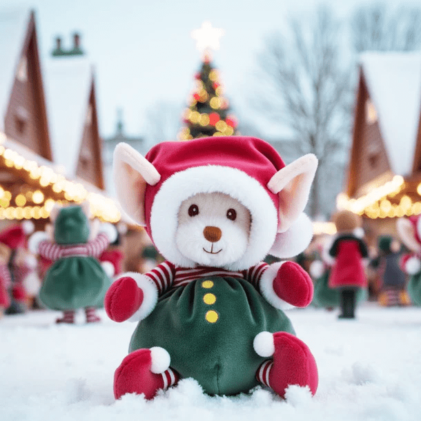 Bukowski Bears Ziggy Santa's Little Helper stuffed animal in red hat and green outfit sits cheerfully in snowy market.