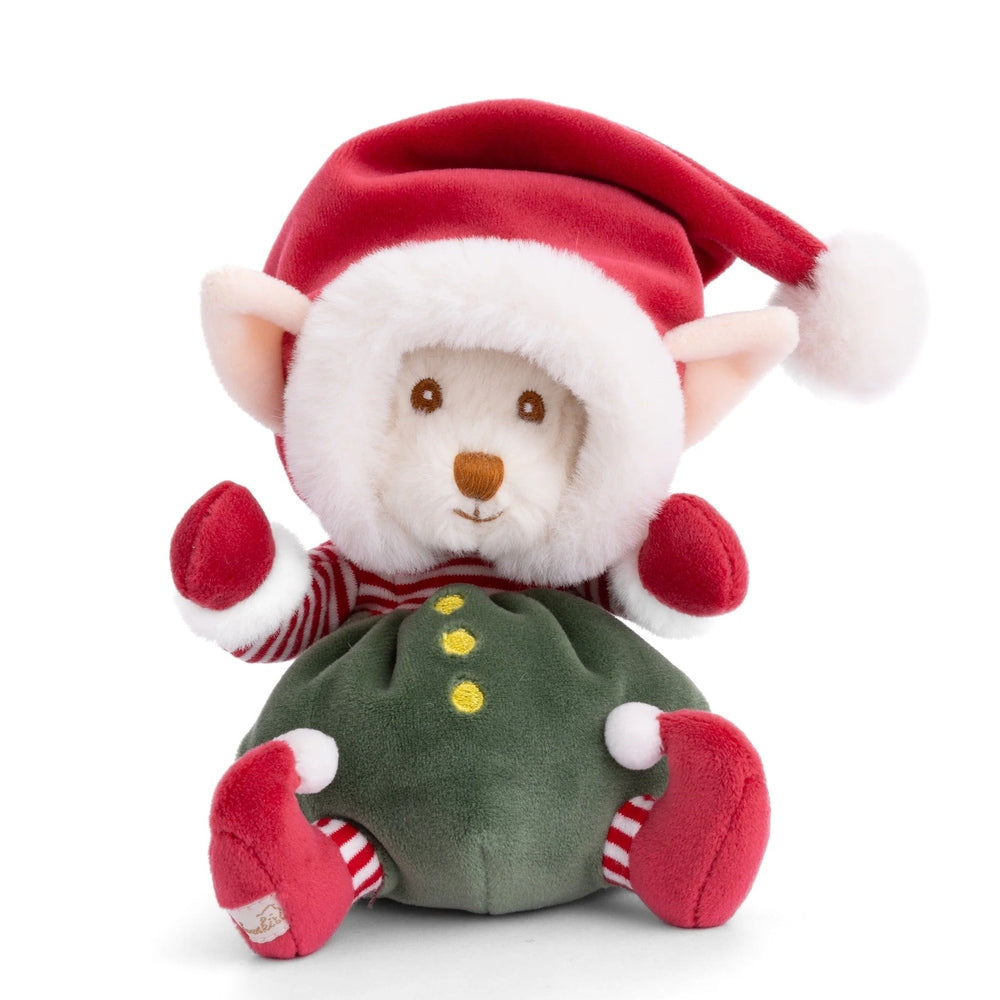 Bukowski Bears Ziggy Santa's Little Helper stuffed animal sits upright in a red Santa hat and green outfit.