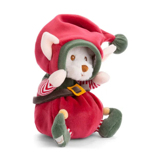 Bukowski Bears Ziggy Santa's Little Helper stuffed bear sits upright in a red Santa suit with green trim and belt.