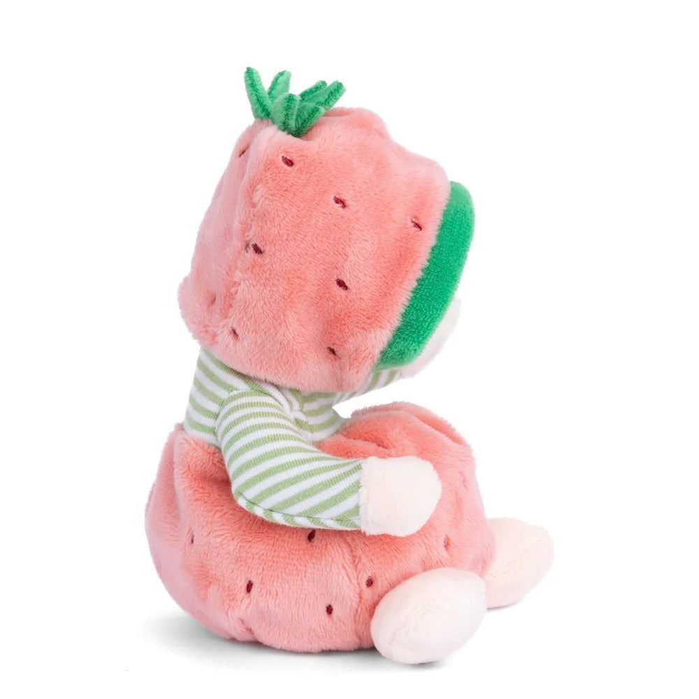 Bukowski Bears Ziggy Strawberry stuffed animal, pink plush strawberry with green striped scarf, sitting upright.