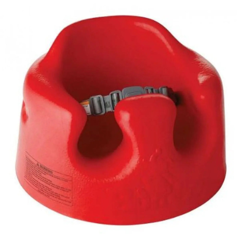 BUMBO Floor Seat red infant booster chair with built-in gray safety belt