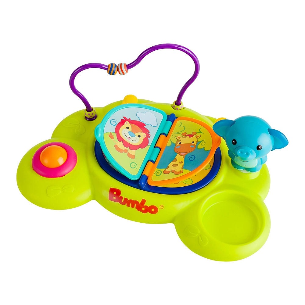 Bumbo Playtop Safari activity toy on lime base with purple arch and blue elephant, featuring flip panels.