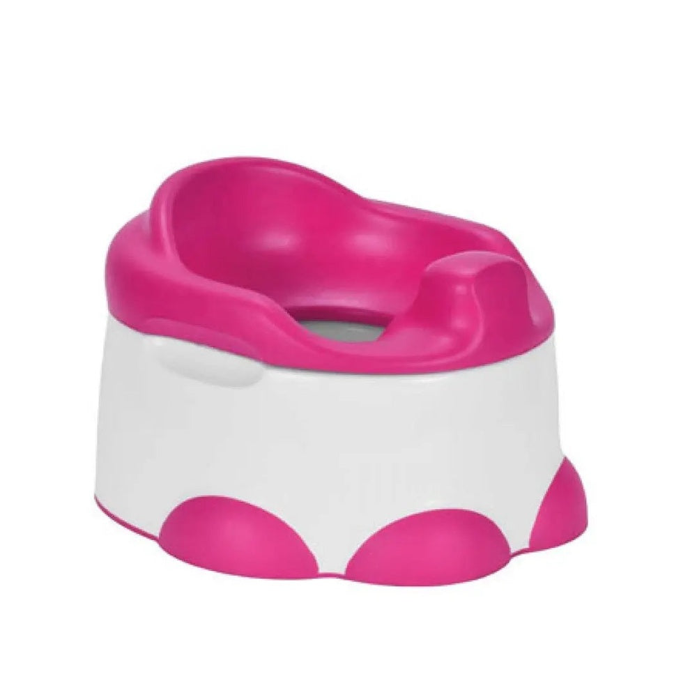 Bumbo Step N Potty toddler potty chair in pink and white with a contoured seat and stable rounded base.