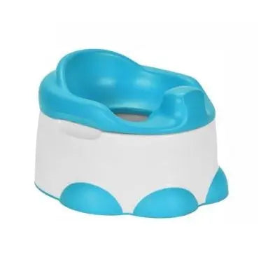 Bumbo Step 'N Potty baby potty seat in blue and white, contoured seat shown on a stable, wide base.