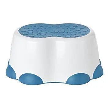 Bumbo Step Stool white with blue non-slip top and blue feet, compact toddler helper