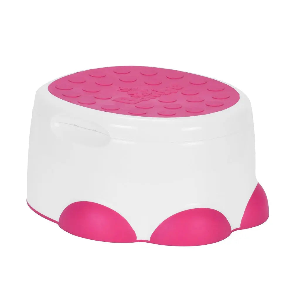 Bumbo Step Stool white with pink non-slip top and pink feet, helping toddlers reach counters.