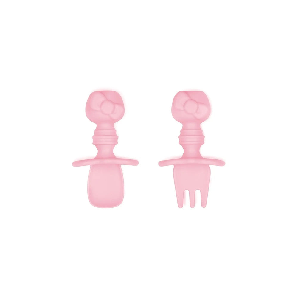 BUMKINS Chewtensils silicone teething spoons and fork in pink, two baby feeding tools ready for gum soothers.