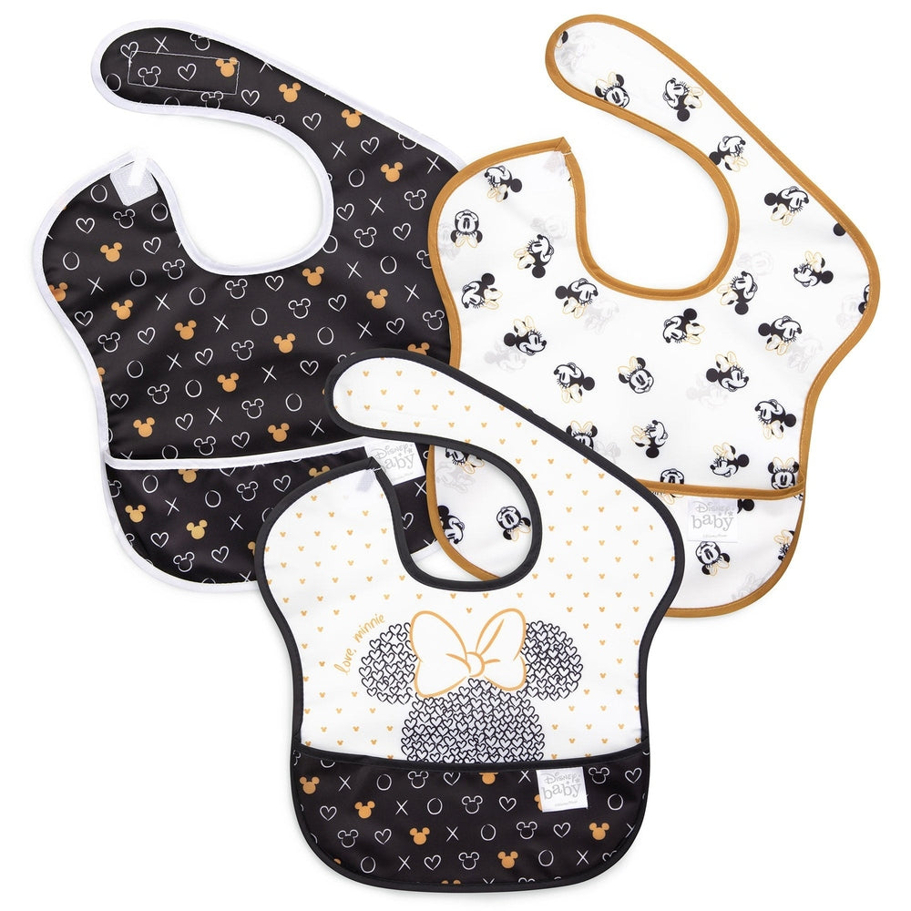 Bumkins Disney Superbib 3-pack Love Minnie bib set; black/white designs with gold trim (3 bibs)
