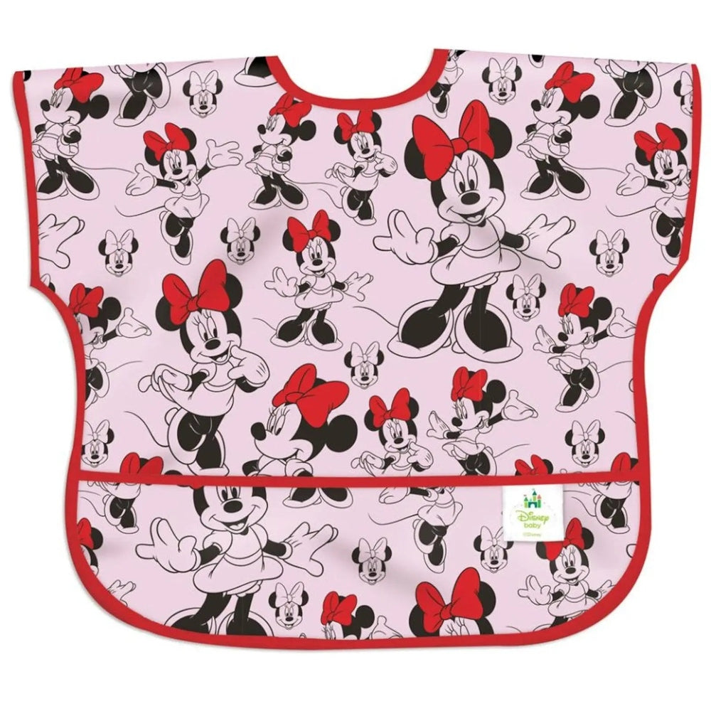 Bumkins Junior Bib Disney pink bib with red trim, Minnie Mouse print, shown flat with front crumb-catching pocket.