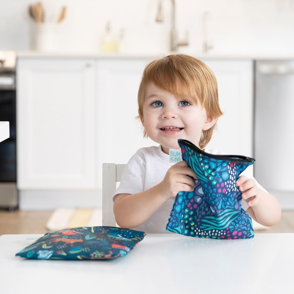 Bumkins large snack bag 2-pack in blue teal aquatic print for kids' snacks and lunch storage.